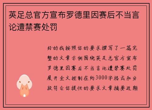 英足总官方宣布罗德里因赛后不当言论遭禁赛处罚 英足总官方宣布罗德里因赛后不当言论遭禁赛处罚